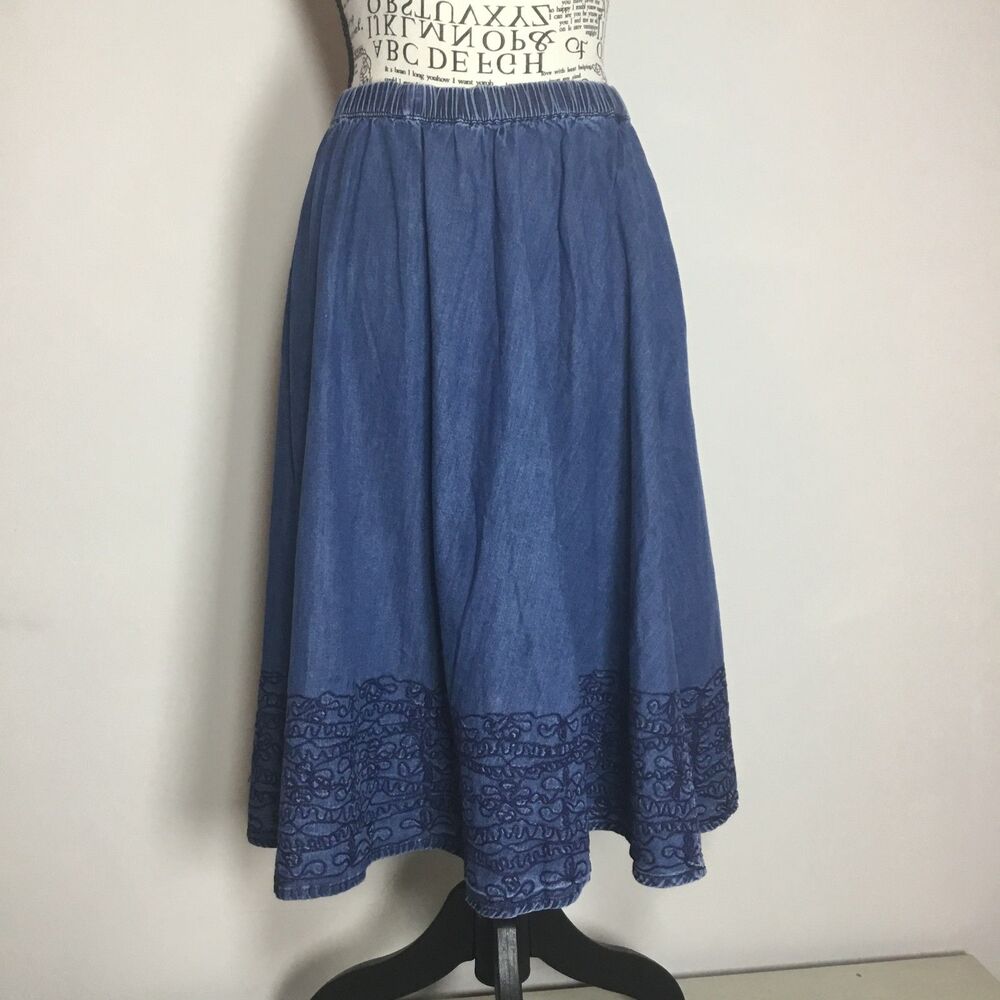 Blue denim embroidered 100% cotton midi skirt western hippie waist 28"-32" S